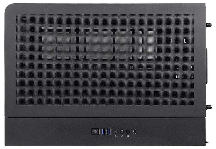 Vorderansicht eines schwarzen Computergehäuses mit großem Mesh-Seitenpaneel, das interne Laufwerkschächte und vordere USB- und Audioanschlüsse zeigt.