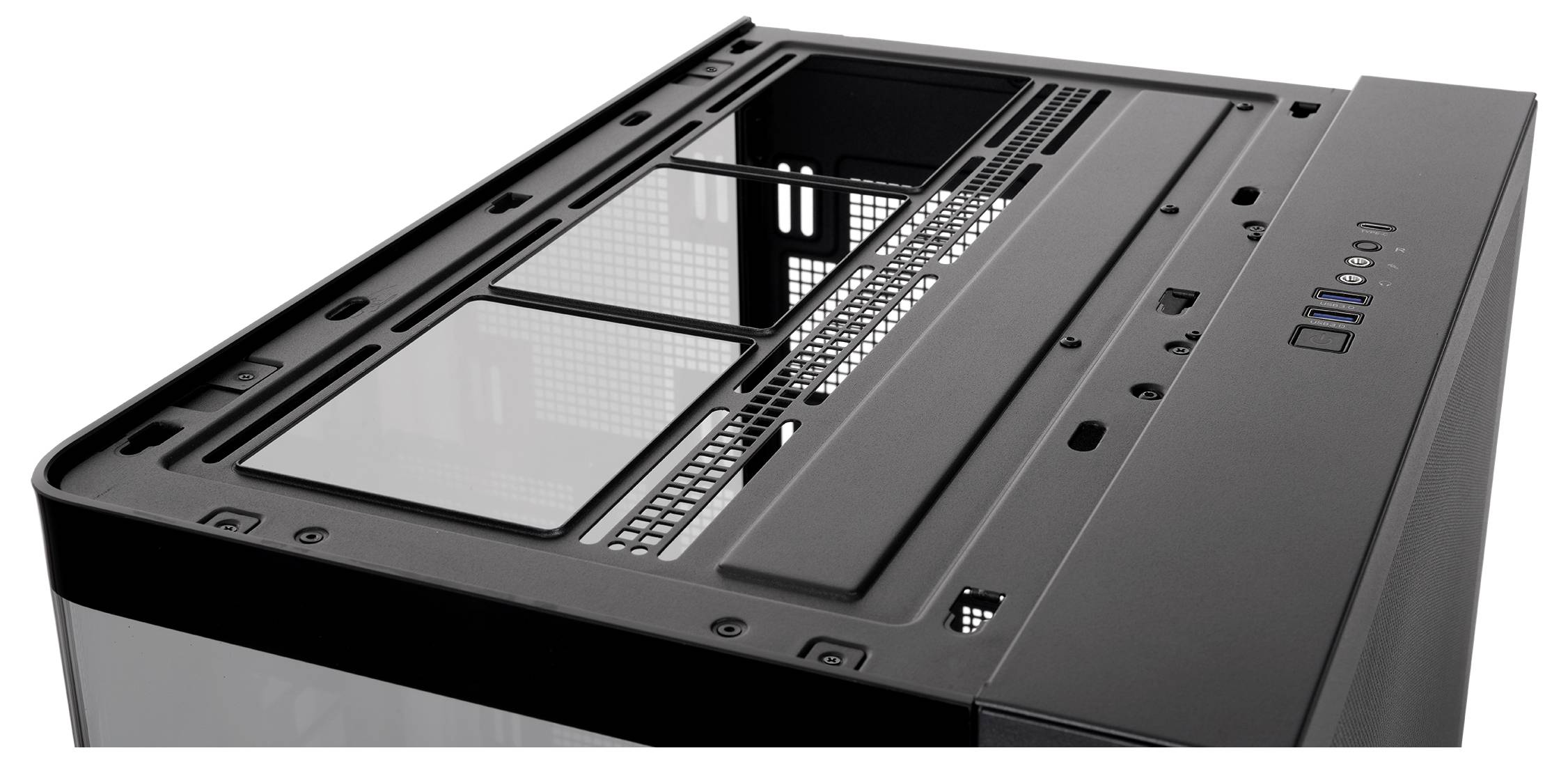 Draufsicht eines schwarzen Computer-Gehäuses mit großem Seitenpanelfenster, belüftetem Oberpanel und vorderen E/A-Tasten und Anschlüssen.