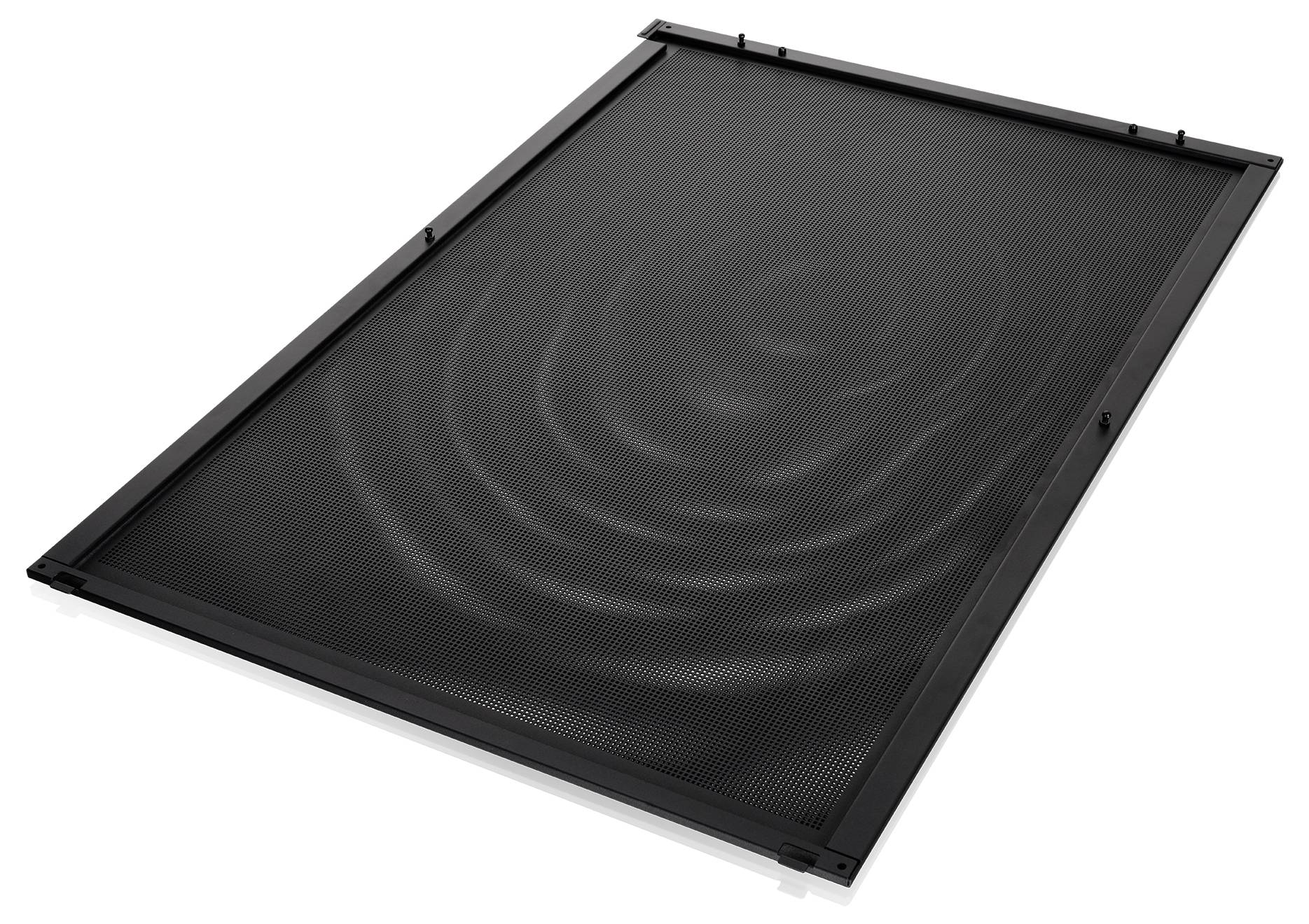 Schwarzes rechteckiges Bildschirm-Panel mit einer feinen Maschenoberfläche und einem feinen Spiralmuster, gezeigt auf weißem Hintergrund.