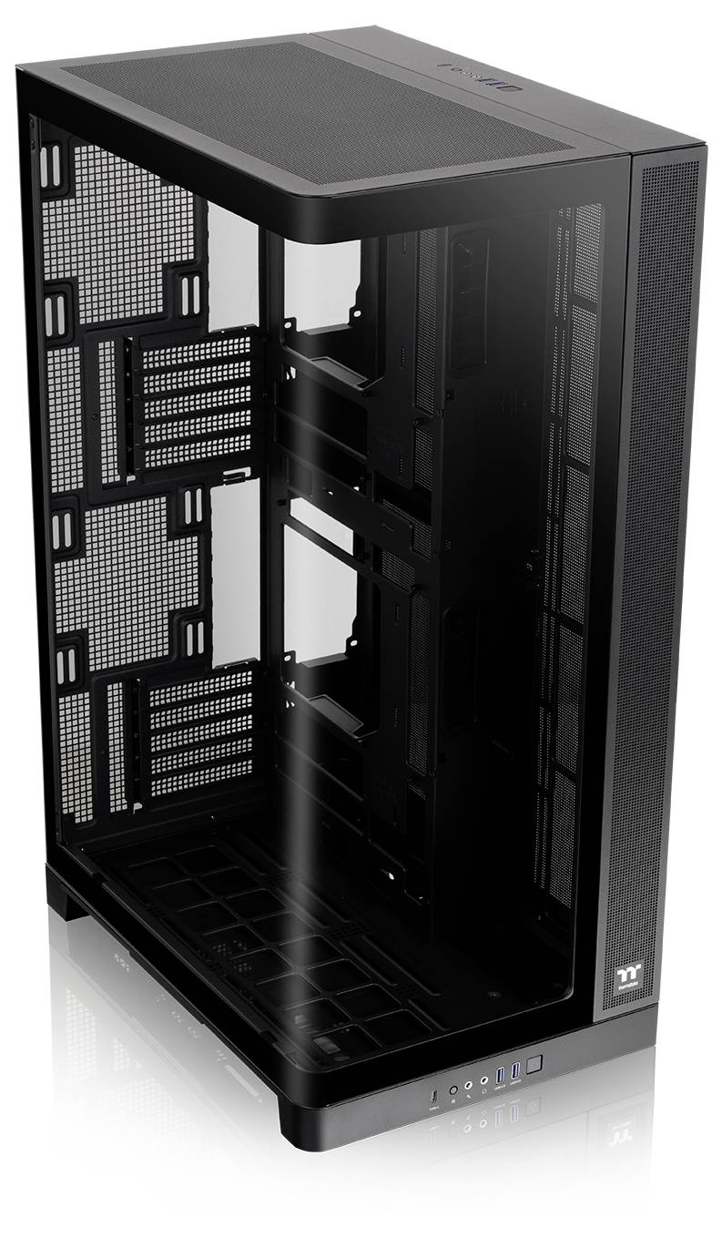 Schwarzes Thermaltake-Computergehäuse mit Netzfront und offenen Seitenpaneelen, das innere Festplattenschächte und vordere Anschlüsse zeigt.