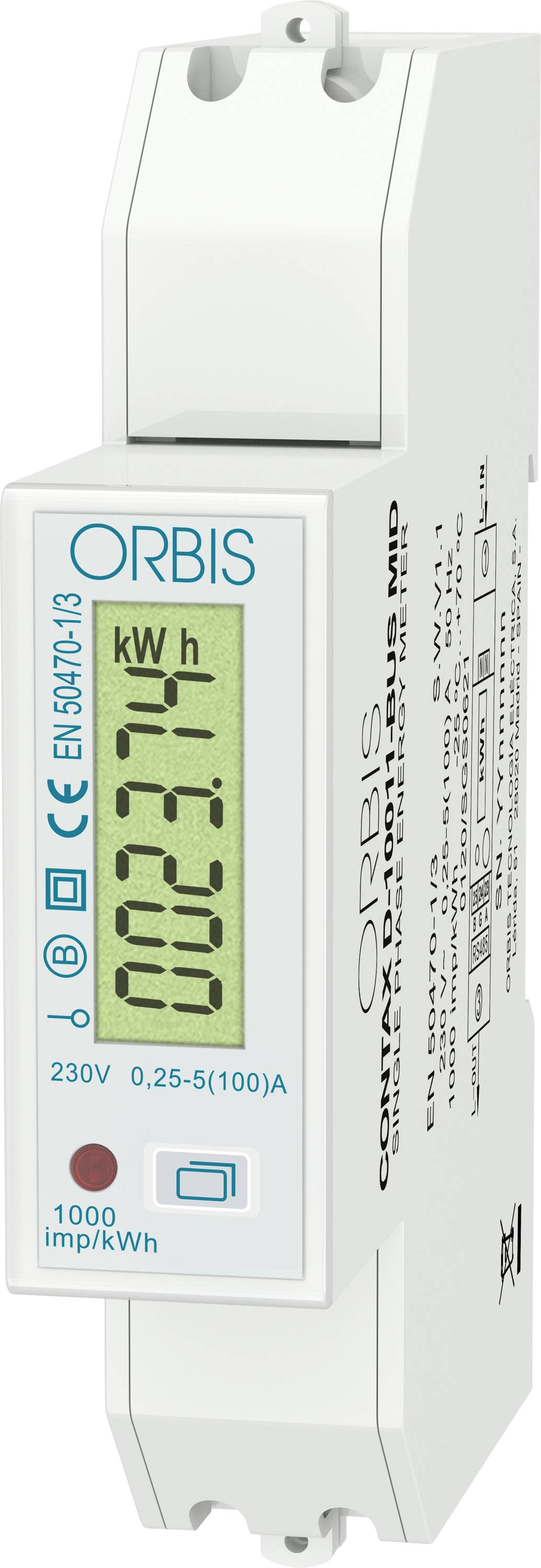 Digitales kWh-Stromzähler mit 0274 auf dem Display, mit der Bezeichnung ORBIS, mit "kW h" und "1000 Imp/kWh" auf der Vorderseite.