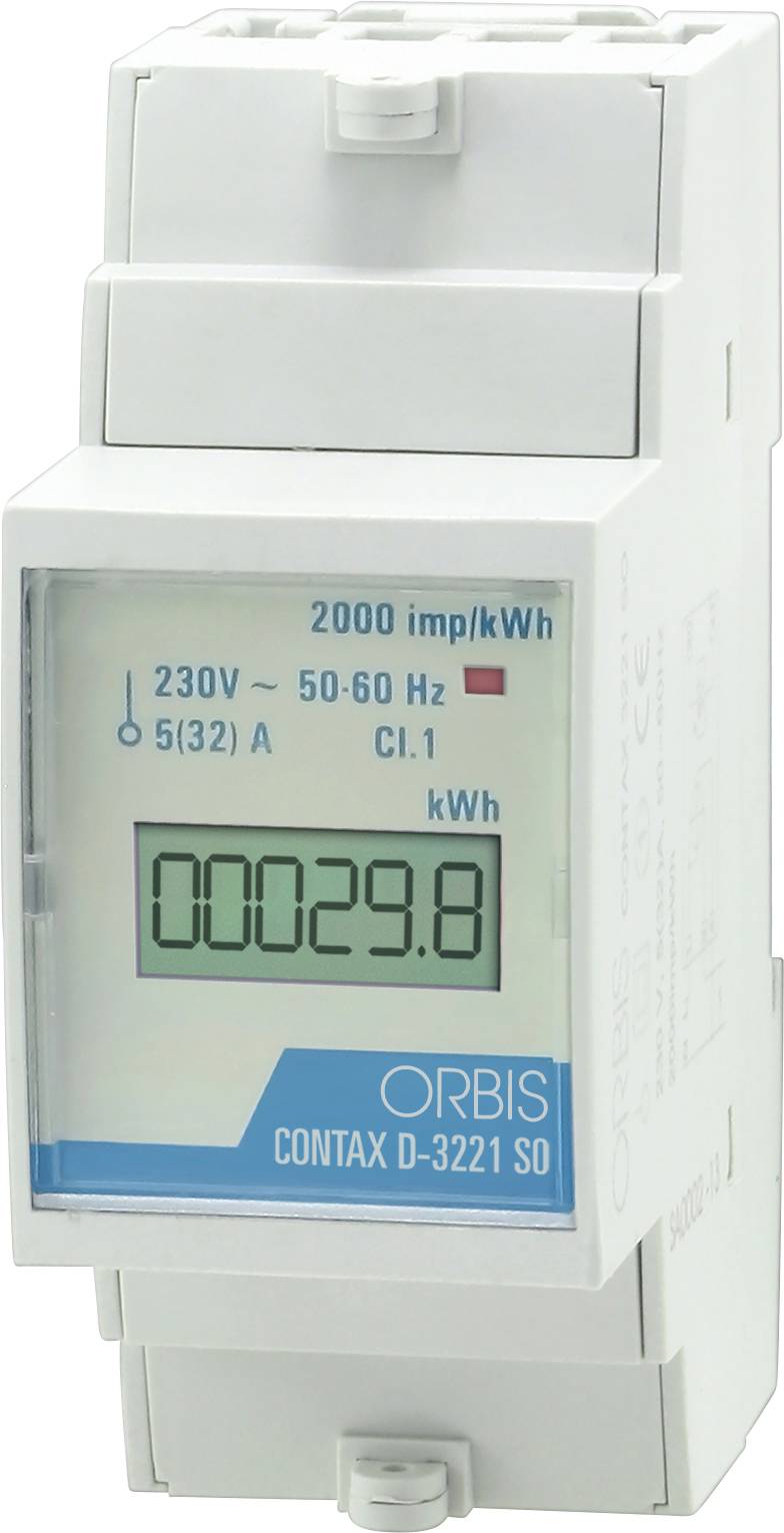 Digitales Stromzähler zeigt 00029,8 kWh an, beschriftet mit ORBIS CONTAX D-3221 SO, 230V 50-60 Hz und 5(32) A.