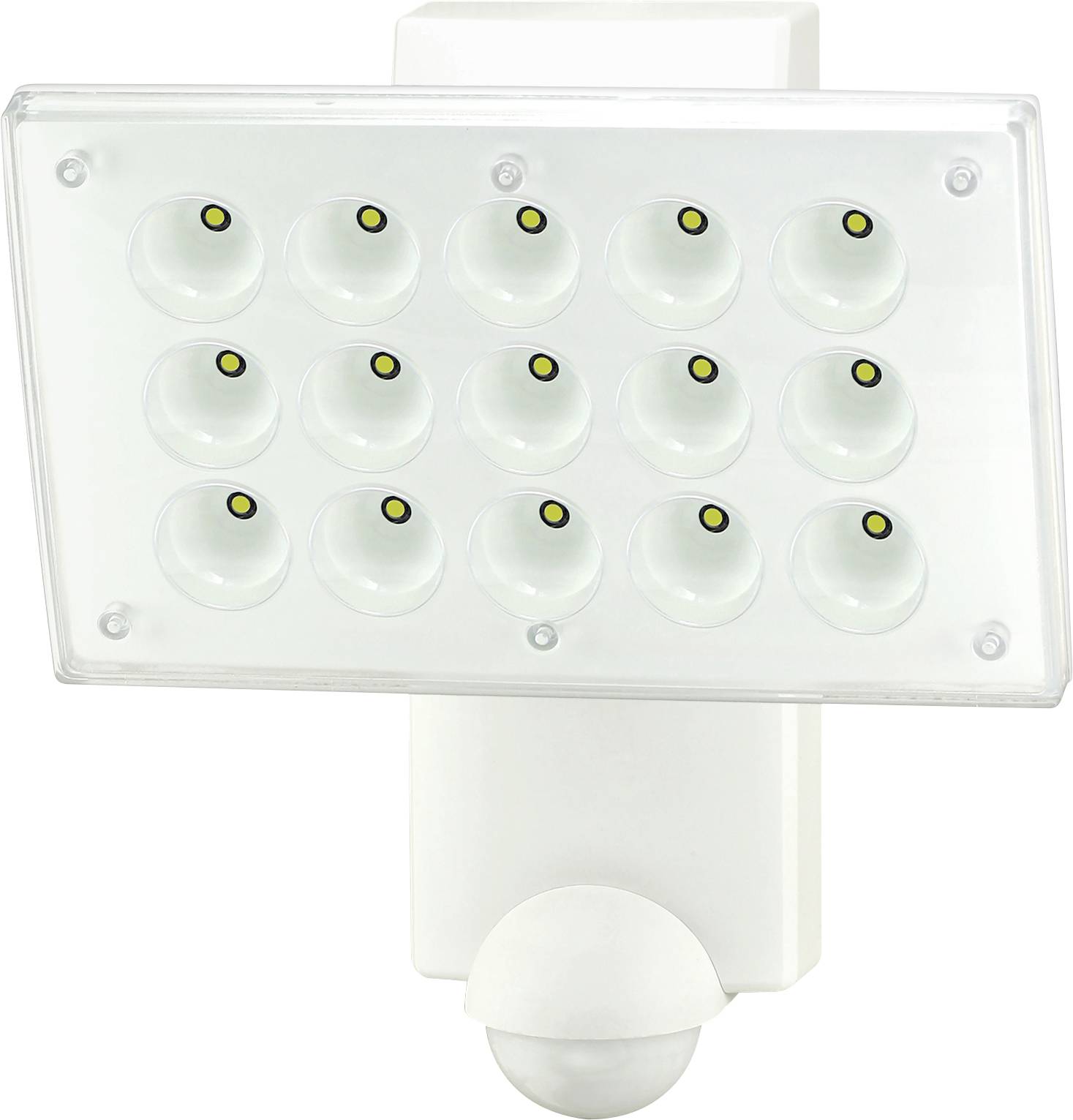 Weiße LED-Sicherheitsleuchte mit rechteckigem Paneel und Bewegungsmelder darunter.