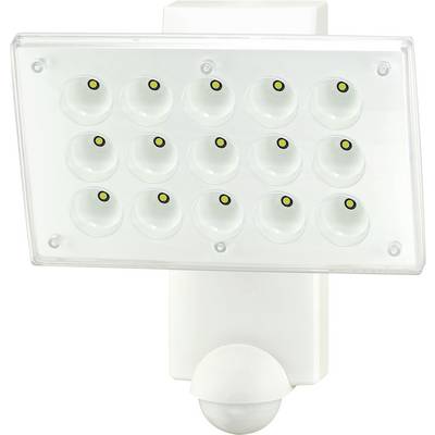 Weiße LED-Sicherheitsleuchte mit rechteckigem Paneel und Bewegungsmelder darunter.