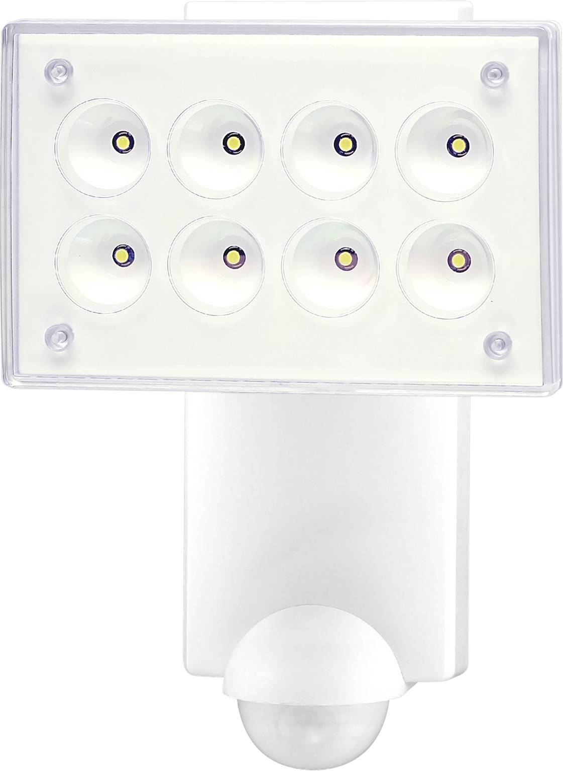 Weiße bewegungsaktivierte Außen-LED-Sicherheitsleuchte mit acht Lampen in einem rechteckigen Kopf und einem PIR-Sensor darunter.