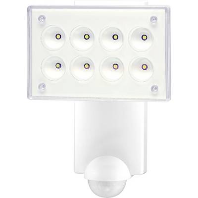 Weiße bewegungsaktivierte Außen-LED-Sicherheitsleuchte mit acht Lampen in einem rechteckigen Kopf und einem PIR-Sensor darunter.