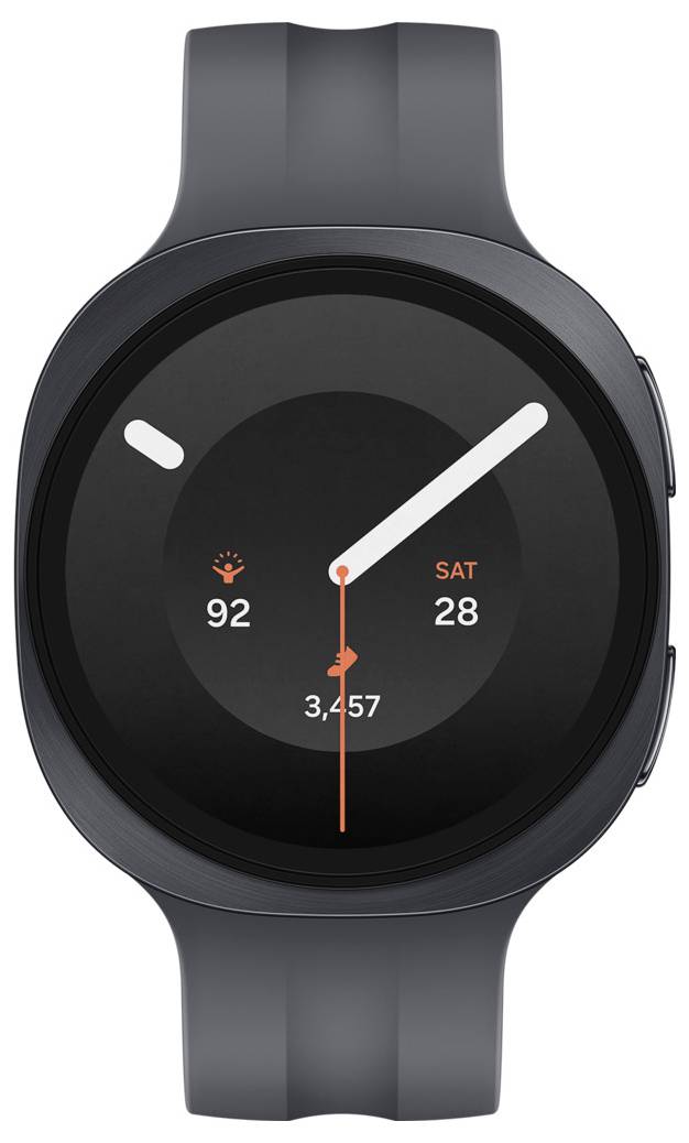 Runde schwarze Smartwatch mit analog wirkendem Zifferblatt, weißen Zeigern, orangefarbenem Sekundenzeiger und Fitness-Statistiken: 92, 3.457 und SA 28.
