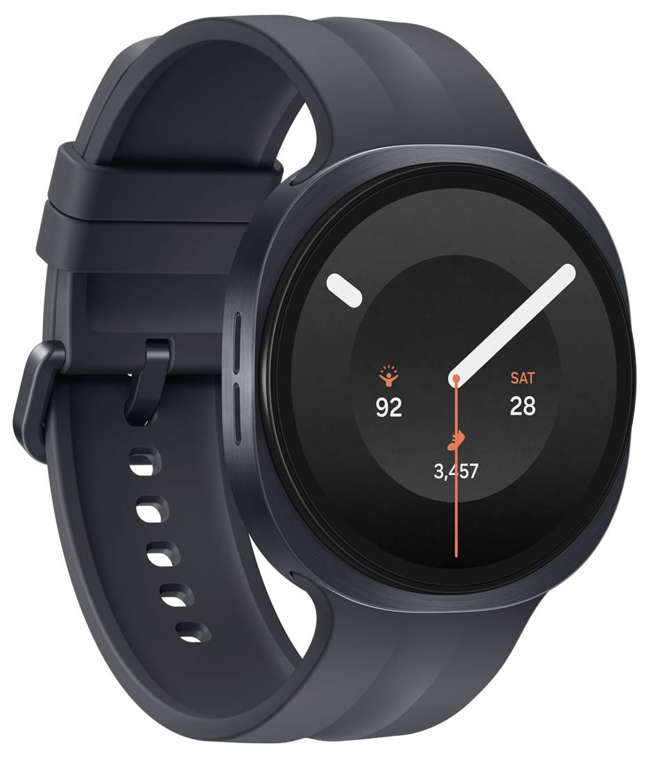 Schwarze runde Smartwatch mit Fitness-Dashboard, das 92 Schritte, SA 28 und 3.457 auf dem Display anzeigt.