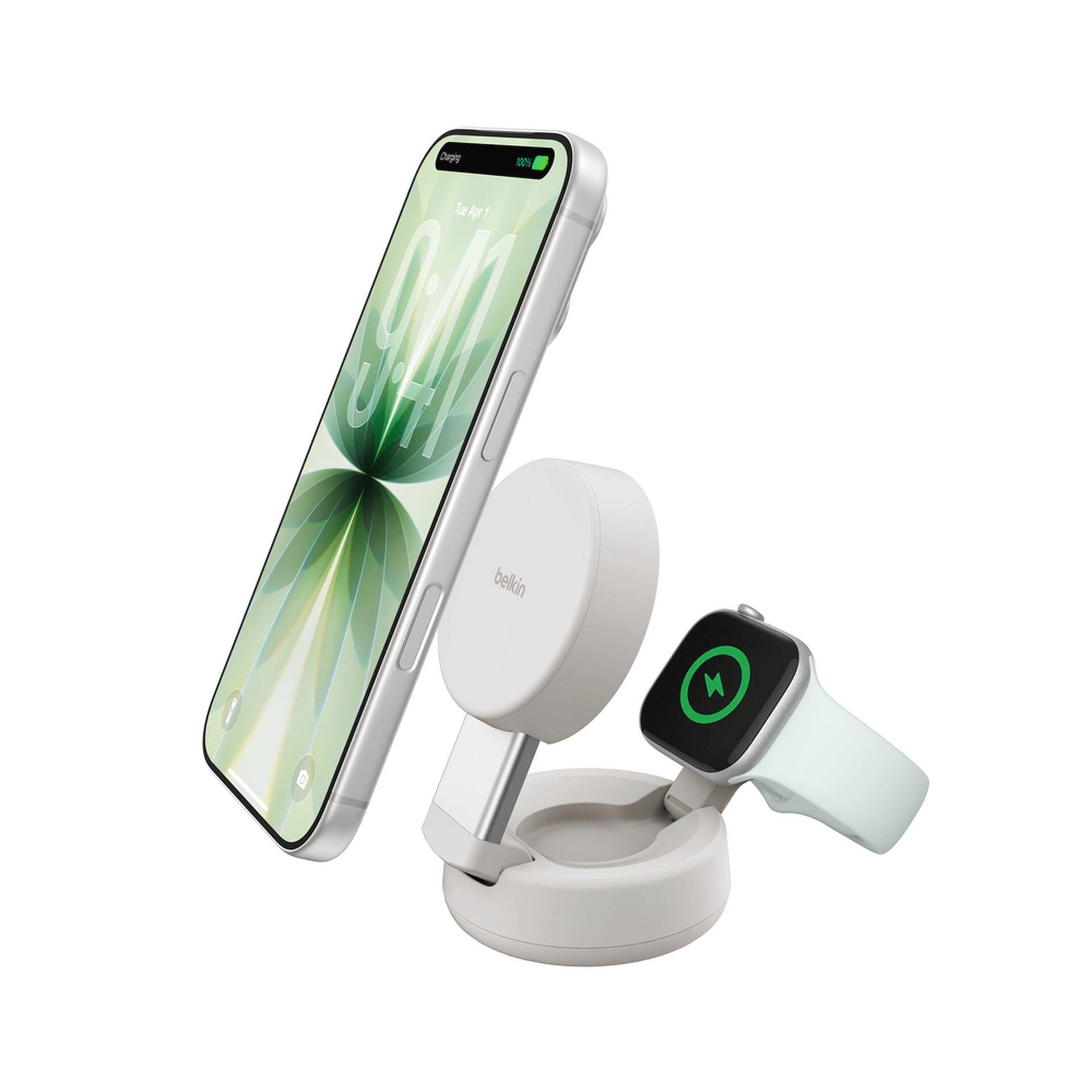 Kabelloses Ladegerät mit rundem Sockel und drehbarem Telefonpad, das ein iPhone und eine Apple Watch hält, auf weißem Hintergrund dargestellt.