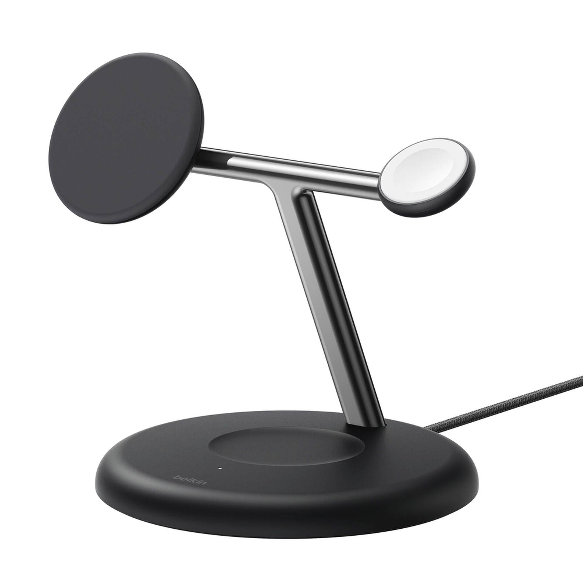 Schwarze Schreibtischlampe mit kreisförmigem Sockel, verstellbarem Arm, großem dunklem Lampenschirm und kleinerem weißem Seitenpaneel auf einem Ständer mit Stromkabel.
