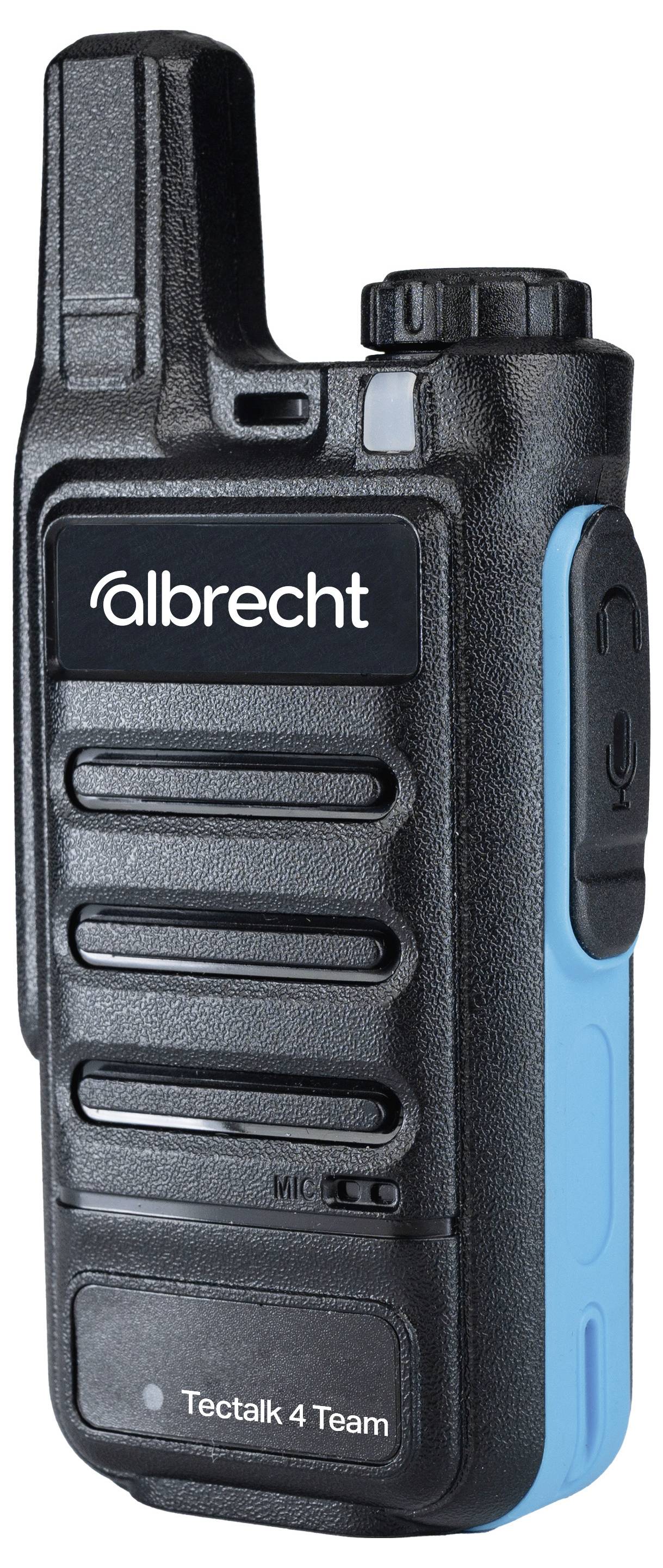 Albrecht Tectalk 4 Team Handsprechfunkgerät, schwarz mit blauem Seitenpanel und antennenloses Draufsichtbild.