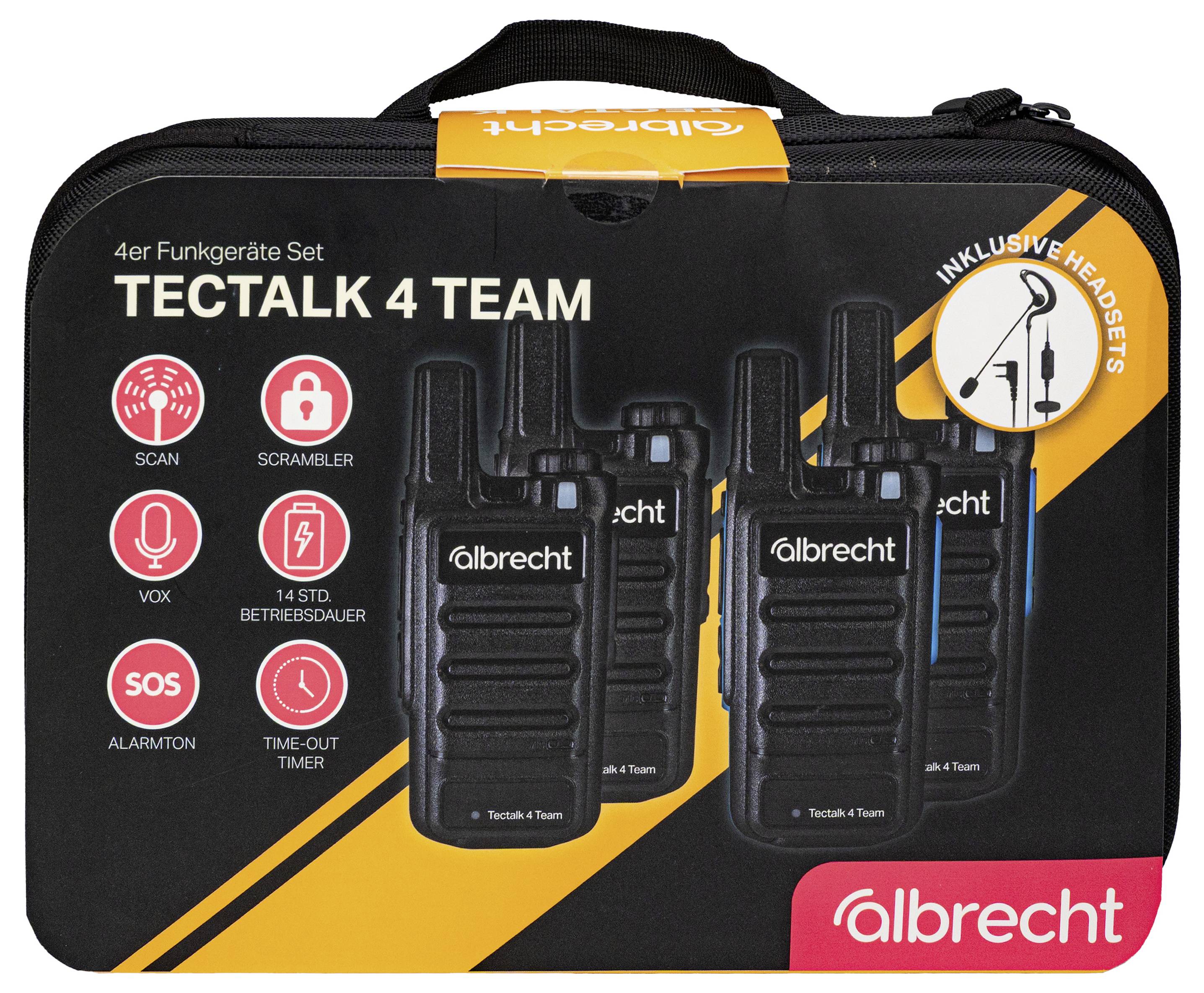 Paket mit vier Albrecht Tectalk 4 Team Handfunkgeräten in einem schwarzen Transportkoffer mit Funktionssymbolen und einem Badge „Kopfhörer im Lieferumfang enthalten".