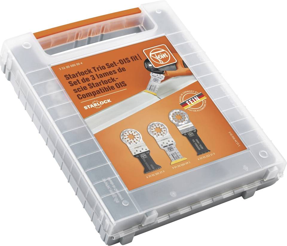 Kunststoff-Aufbewahrungskoffer mit einem Starlock Trio Set aus drei FEIN-Oszillationswerkzeugklingen, gezeigt in Einzelhandelsverpackung.