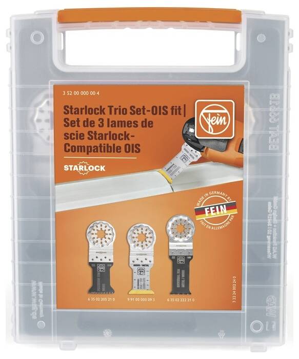 Kunststoff-FEIN-Starlock-Werkzeugkasten mit orangem Etikett, das einen Starlock-Sägeblatt-Satz mit drei kompatiblen OIS-Blättern zeigt.