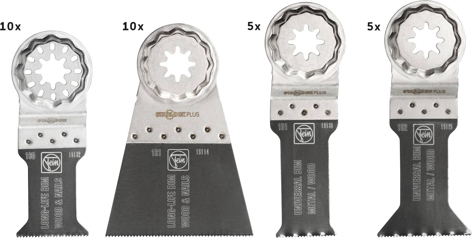 Vier FEIN MultiMaster Oszilliertsägeblätter werden als Produktoptionen angezeigt, beschriftet mit 10x, 10x, 5x und 5x mit verschiedenen Blattformen und Breiten.
