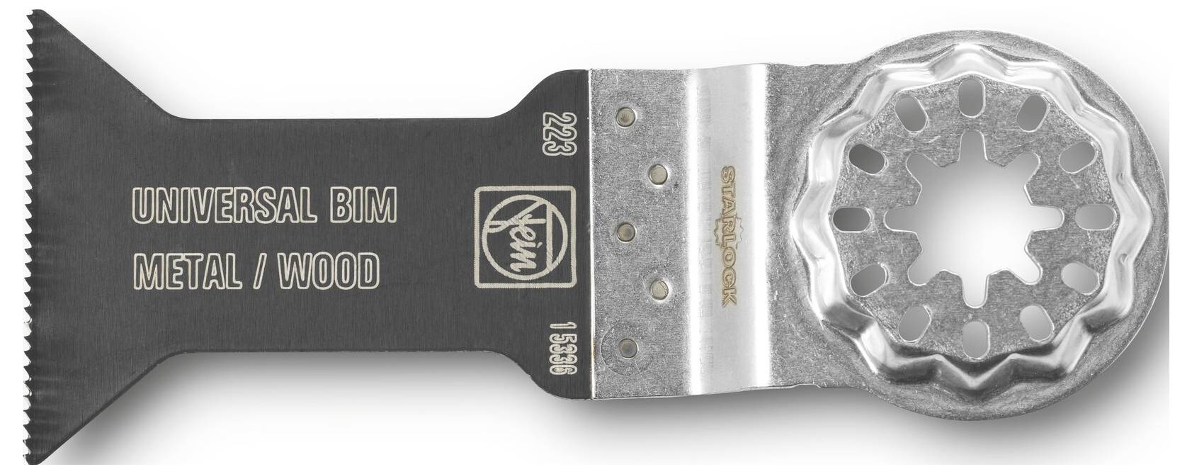 Universale BIM-Mehrzweck-Sägeblatt für Metall und Holz, mit „UNIVERSAL BIM METALL / HOLZ" auf dem schwarzen Blatt gedruckt und einem runden silbernen Schneidkopf.