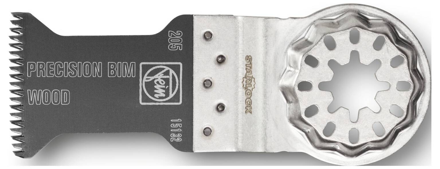 Nahaufnahme eines Fein-Oszillating-Multitools Klinge mit der Bezeichnung „PRECISION BIM WOOD", mit einem Metallschneidekopf auf weißem Hintergrund.