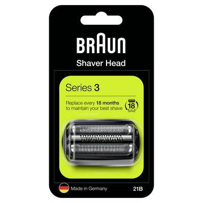 Braun Series 3 Scherkopf-Ersatzpaket, mit 'Alle 18 Monate wechseln' und Modell 21B, hergestellt in Deutschland.