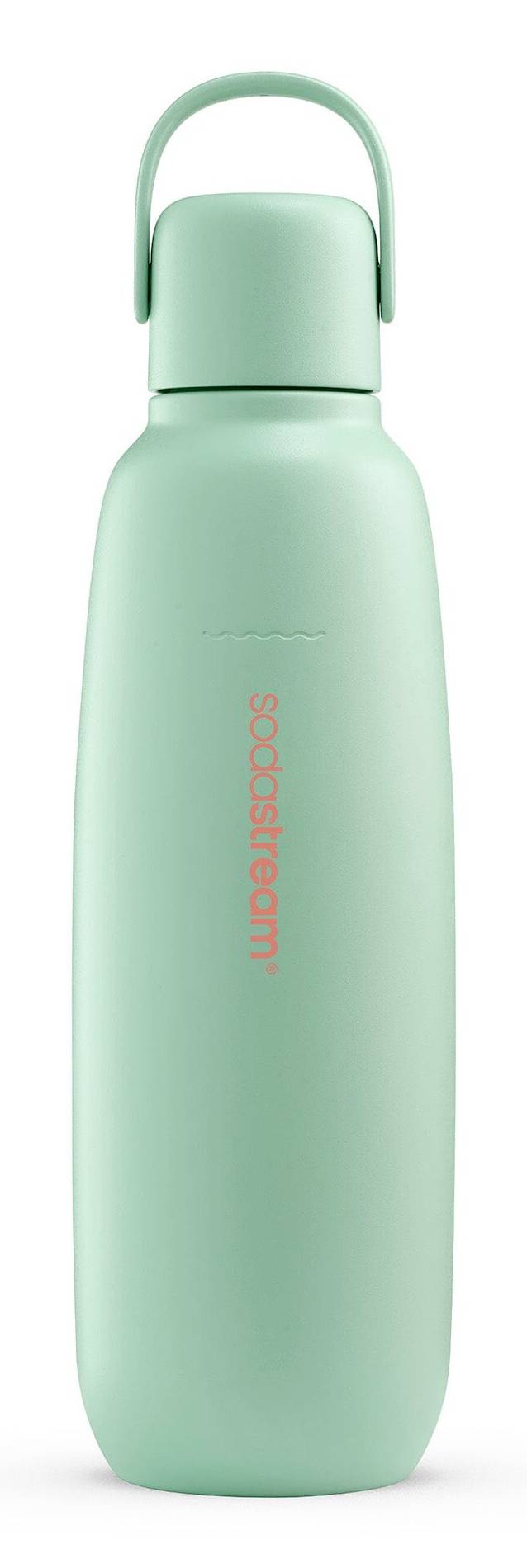 Mintgrüne isolierte Wasserflasche mit Griff und korallenfarbenem „SodaStream"-Logo auf der Vorderseite.