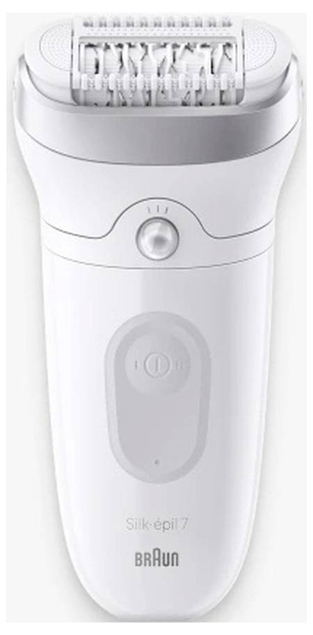 Weiß Braun Silk-épil 7 elektrischer Epilierer in Frontansicht gezeigt, mit Kopf und Ein-/Aus-Schalter sichtbar.