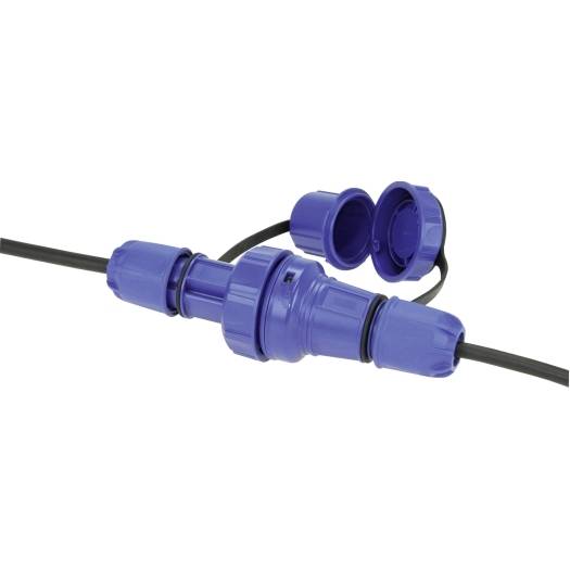 Blauer wasserdichter Elektrokabelstecker mit zwei schwarzen Kabeln und offenen Schutzkappe auf weißem Hintergrund