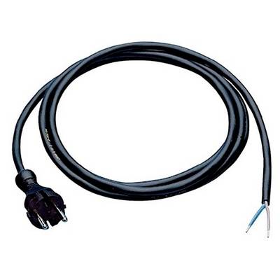 Schwarzes Stromkabel mit Stecker auf einer Seite und abisolierten Drahtleitern auf der anderen Seite, aufgerollt auf weißem Hintergrund.