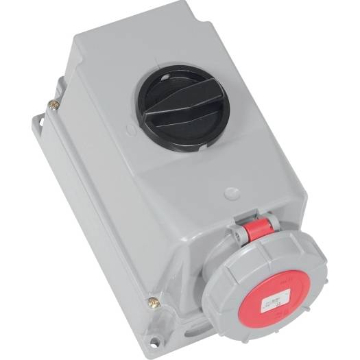 Graues industrielles Elektrogehäuse mit einem schwarzen Drehschalter oben und einer rot abgedeckten Steckdose an der Vorderseite.