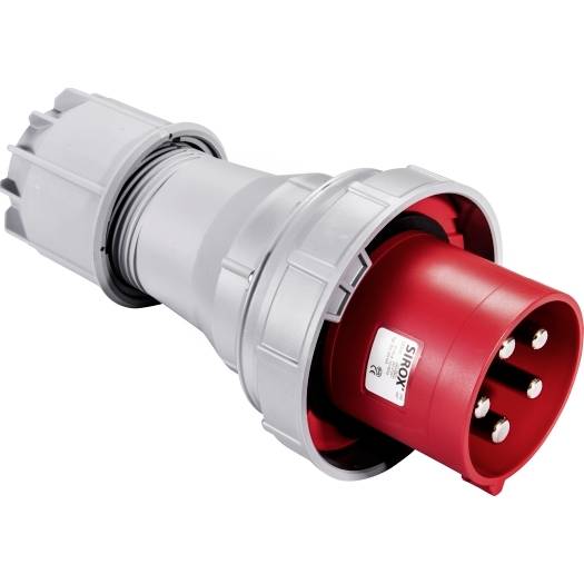 Roter industrieller Stromstecker und grauer Steckverbinder auf weißem Hintergrund, diagonal angewinkelt.