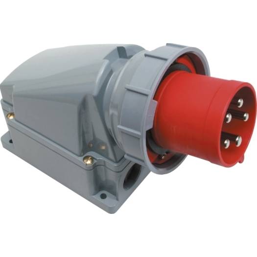 Industrieller Elektrostecker mit grauem Gehäuse und roten männlichen Steckkontakten auf weißem Hintergrund