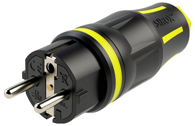 Schwarzer und gelber Elektrostecker-Adapter mit zwei runden Metallstiften, dargestellt auf weißem Hintergrund.