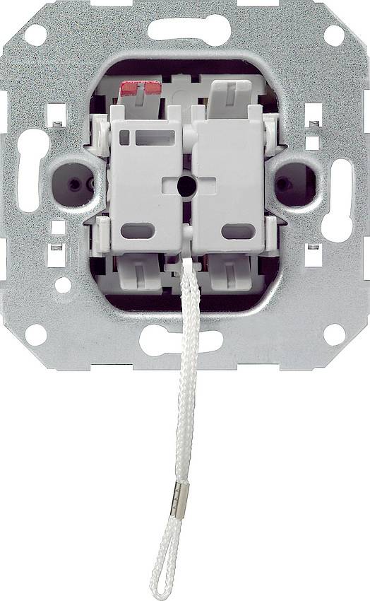 Nahaufnahme eines wandmontierten Lichtschalter-Mechanismus mit einem herunterhängenden Zugseil, dargestellt ohne die Blende.