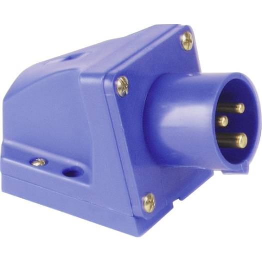 Blauer Industrie-Elektrostecker mit drei freiliegenden Metallstiften auf weißem Hintergrund.