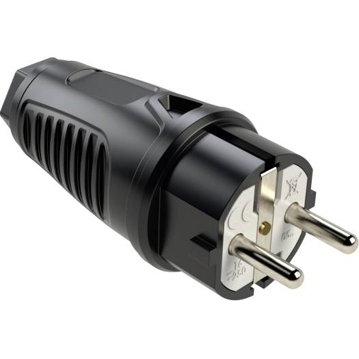 Schwarzer Elektrostecker-Adapter mit zwei runden Metallstiften, in Nahaufnahme auf weißem Hintergrund dargestellt.