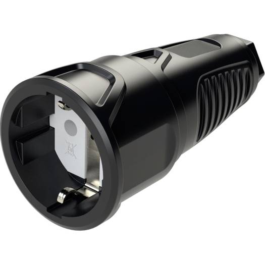 Schwarzer und grauer Elektrostecker-Adapter oder Stecker mit abgerundeter Vorderöffnung und belüfteter Seite, gezeigt vor weißem Hintergrund.