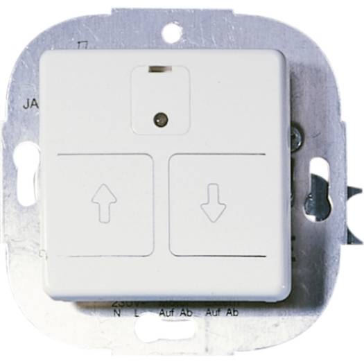 Weißer Wandschalter mit zwei großen Pfeiltasten, oben und unten, montiert auf einer metallischen Elektroinstallationsplatte.