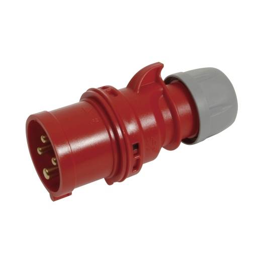 Roter industrieller Stromstecker mit grauer Schutzkappe, auf weißem Hintergrund dargestellt.