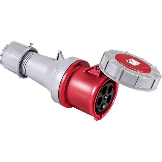 Industrieller Elektrostecker- und Buchsenadapter mit grauem Gehäuse und rotem Stecker, dargestellt auf weißem Hintergrund mit offener Kappe.