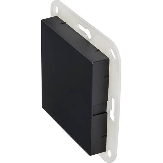 Schwarze rechteckige, wandmontierte elektrische Box mit weißer Kunststoffmontageplatte und Schraubenschlitzen auf weißem Hintergrund.