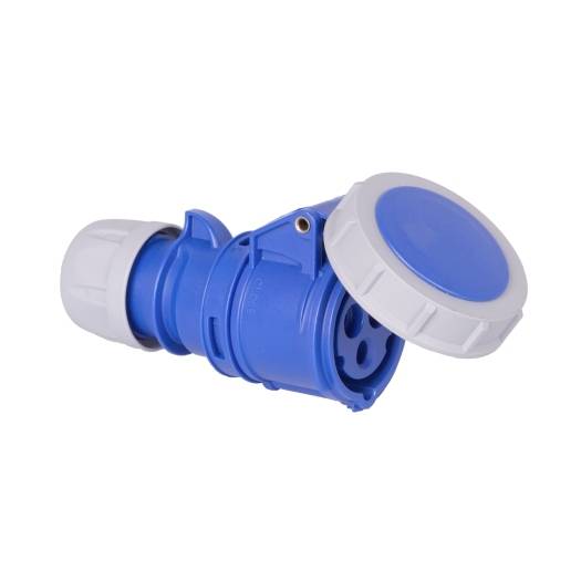 Blauer industrieller Stromstecker mit grauen Schutzabdeckungen an beiden Enden, gezeigt auf weißem Hintergrund.