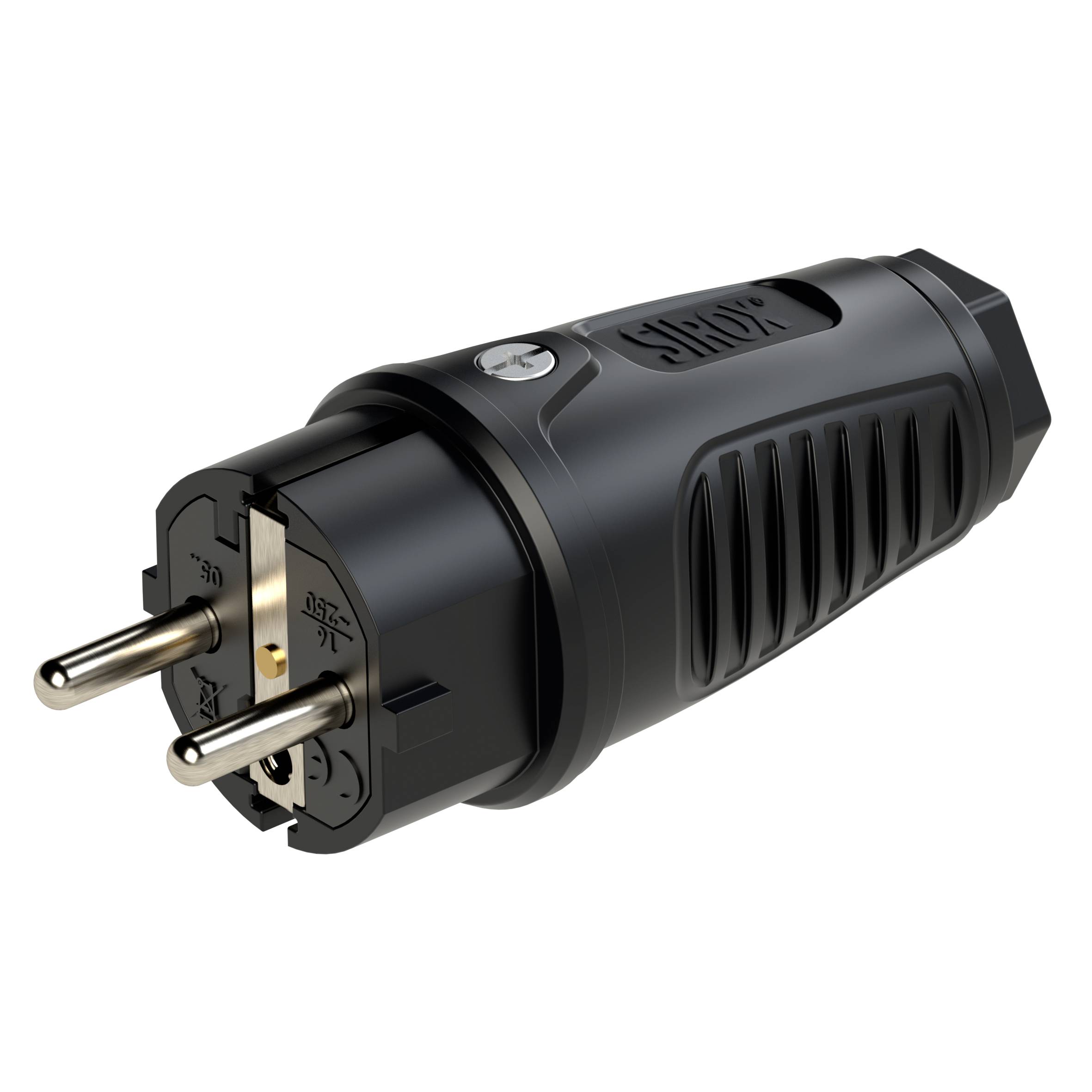 Schwarzer europäischer zweipoliger Steckdosenadapter mit geerdeten Seitenkontakten, auf weißem Hintergrund dargestellt.