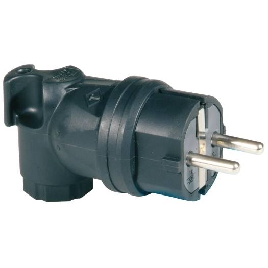 Schwarzer abgewinkelter Stromstecker mit zwei runden Stiften, dargestellt auf weißem Hintergrund.