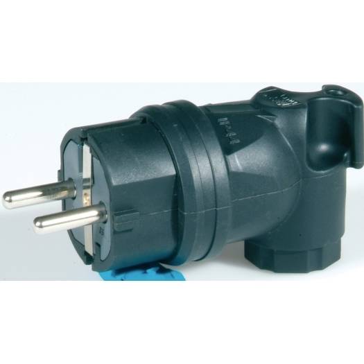 Schwarzer Elektrischer Steckeradapter mit zwei runden Stiften, in Nahaufnahme auf hellem Hintergrund gezeigt.