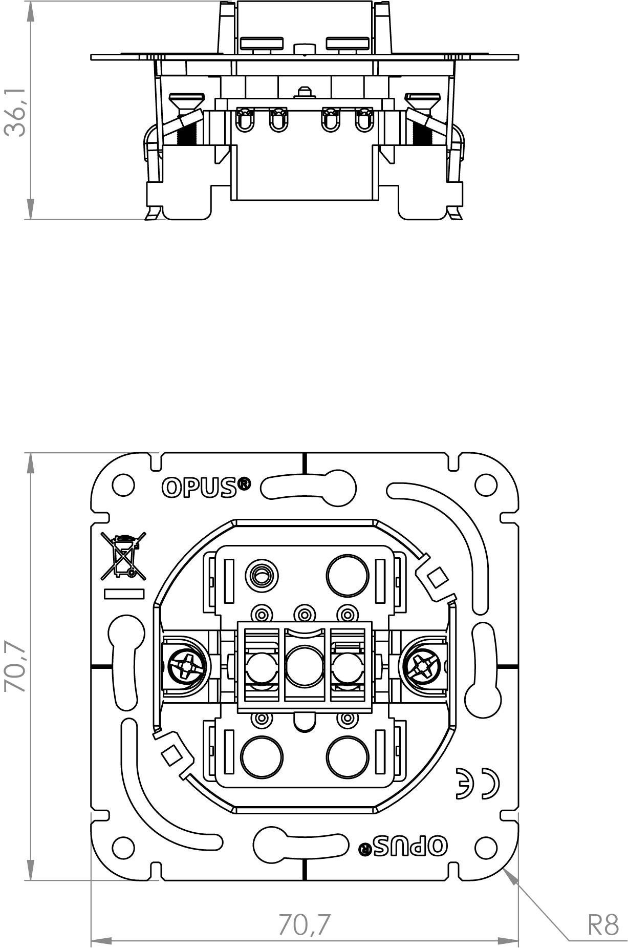 Technische Zeichnung einer OPUS-Elektrokomponente dargestellt in Vorder- und Seitenansicht, mit den Abmessungen 70,7 mm Quadrat, 36,1 mm Tiefe und Eckenradius R8.