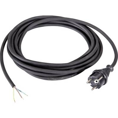 Aufgerolltes schwarzes Stromkabel mit europäischem Stecker; das andere Ende hat abisolierte Drahtlitzen zum Anschluss.