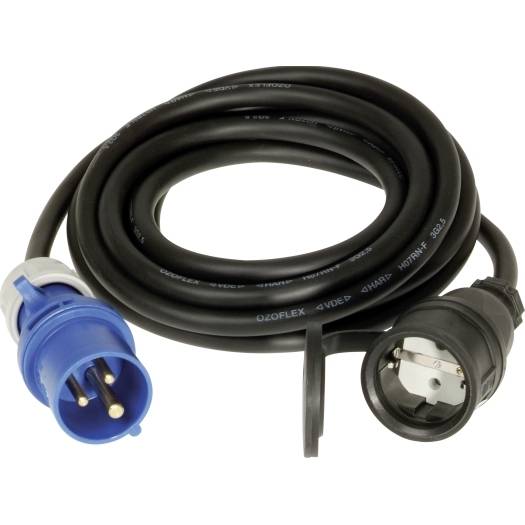 Schwarzes aufgerolltes Stromverlängerungskabel mit blauem dreipoliger Stecker und schwarzem Steckerverbinder auf weißem Hintergrund.