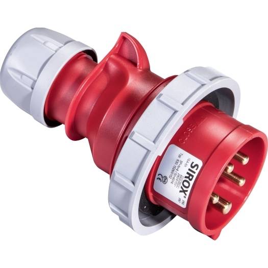 Roter industrieller elektrischer Stecker mit grauen Verriegelungskragen und drei Messingkontakten auf weißem Hintergrund.