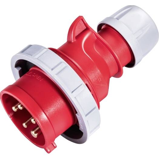 Roter Industriestromstecker-Adapter mit weißem Verriegelungskragen und Kappe, gezeigt auf weißem Hintergrund.