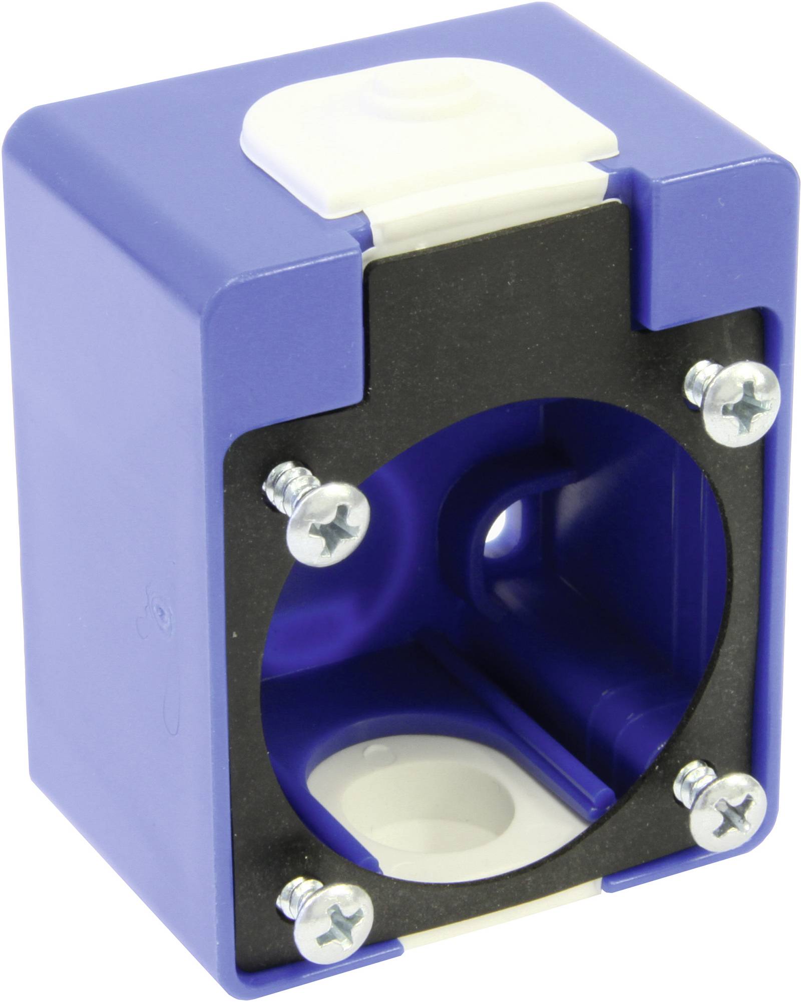 Violettes Gehäuse für Steckdose oder Stecker mit schwarzer Frontplatte, vier Schrauben und einer weißen Verriegelung oben, gezeigt auf weißem Hintergrund.