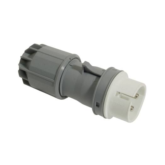 Grauer und weißer Stromstecker mit zwei Metallkontakten, dargestellt auf weißem Hintergrund.