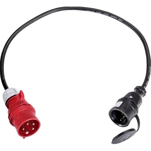 Schwarzes Kabel mit roten und schwarzen Industriestromverbindern, ein Ende verschlossen, auf weißem Hintergrund dargestellt.